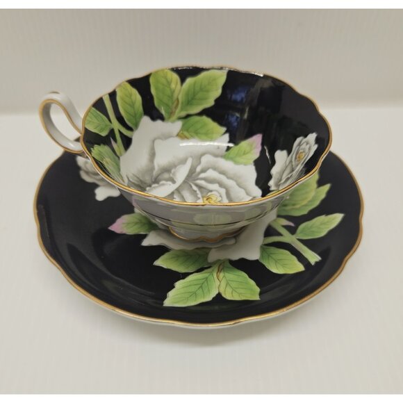 Cabbage Rose Black Hand Painted Teacup and Saucer American Beauty Occupied Japan - Picture 2 of 7